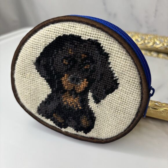 Needlepoint Dachshund Coin Purse Doxie Weiner Dog Bag Motif novelty Blue Black - Picture 5 of 11